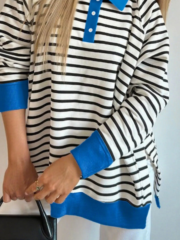 Striped long sleeve polo collar sweatshirt with contrast trim
