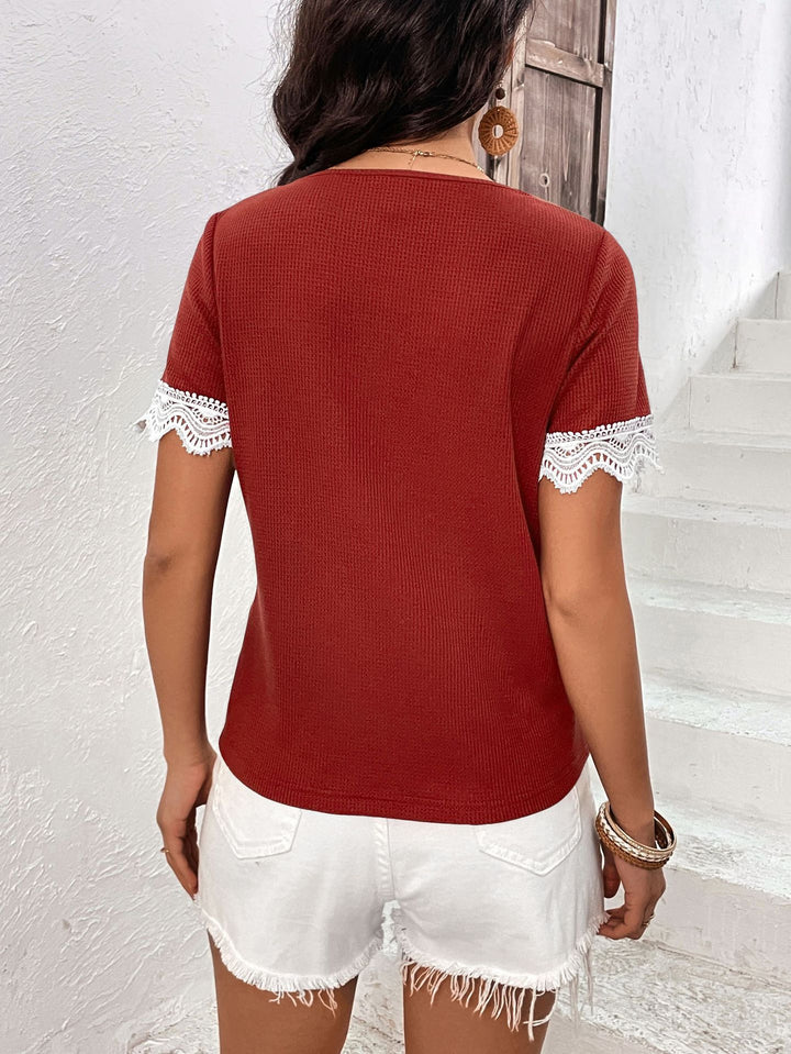 Lace-trim V-neck short sleeve top with button placket