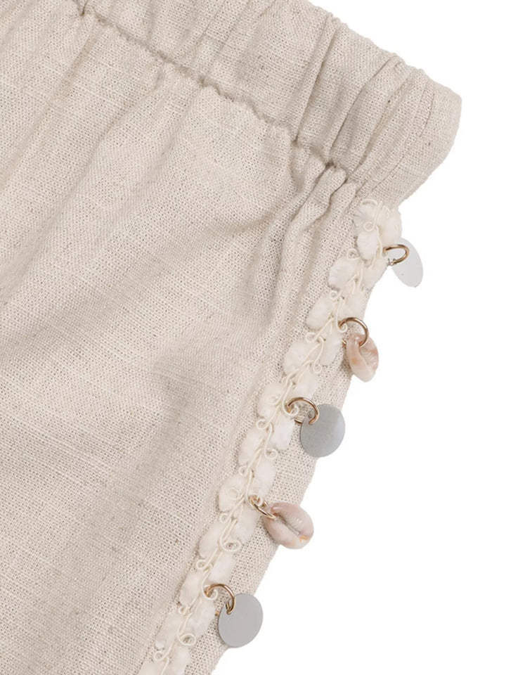Linen-blend wide leg drawstring pants with shell trim