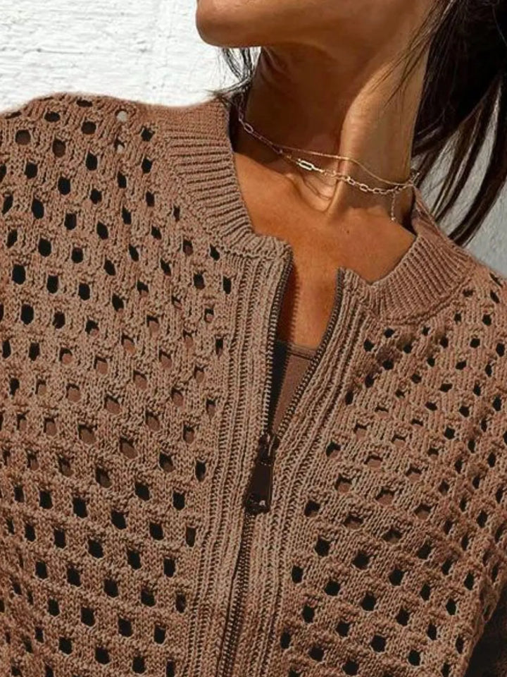Open-knit zip-up bomber cardigan with ribbed trim