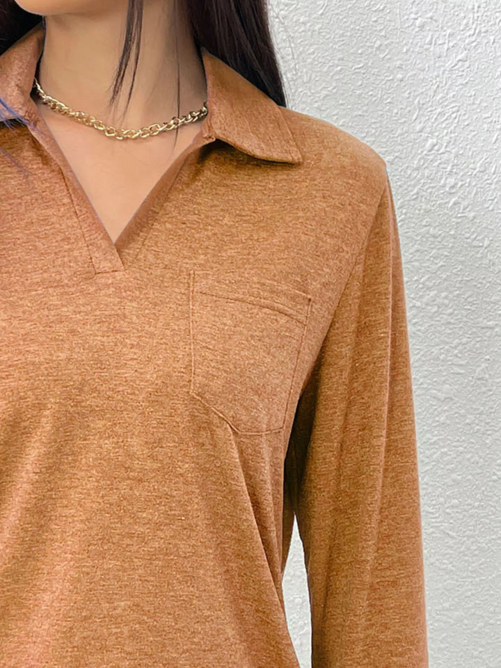 Collared long sleeve polo top with chest pocket