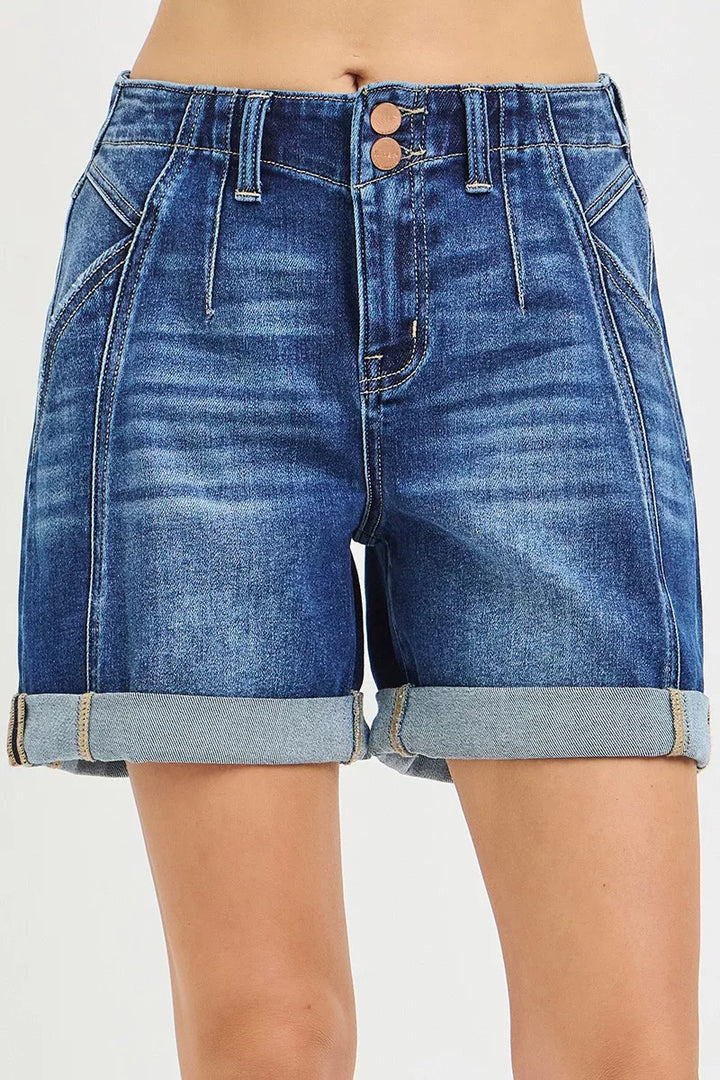 DARK High-rise double-button seamed cuffed denim shorts