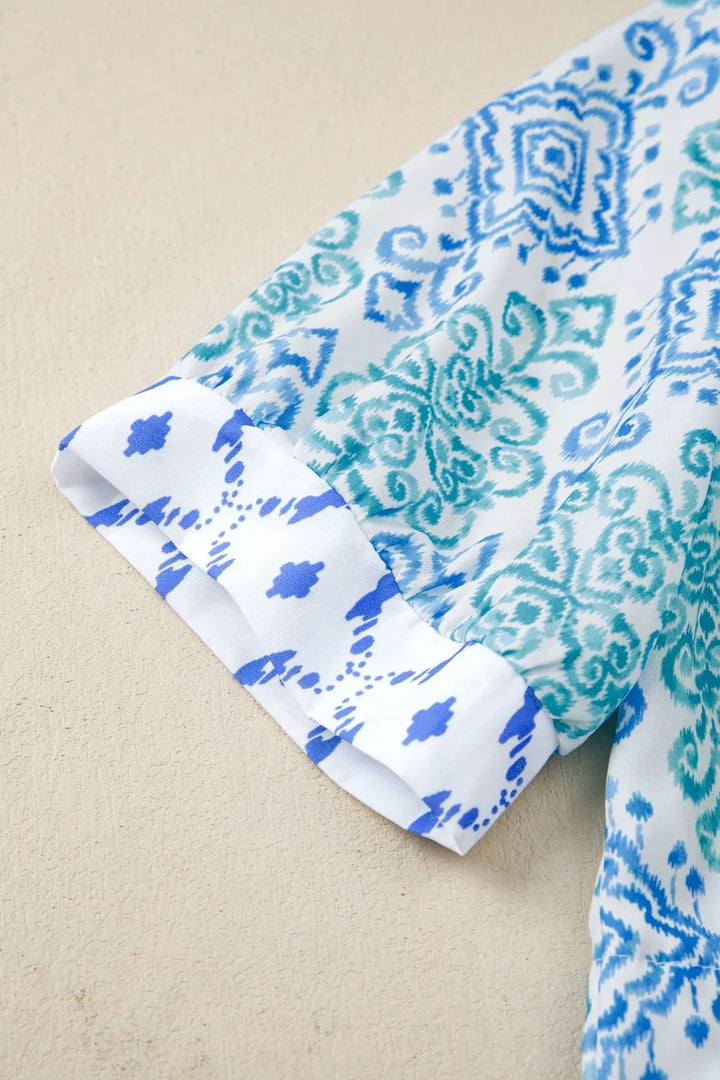Mixed print patchwork babydoll blouse with split neck