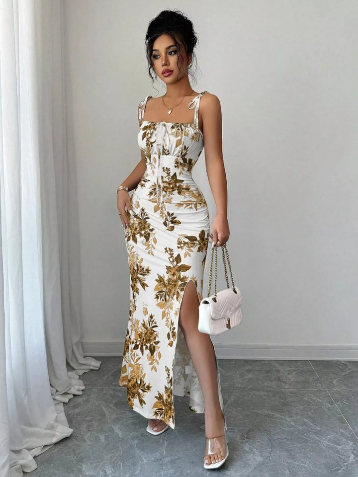 Caramel Floral print tie-strap maxi dress with side slit