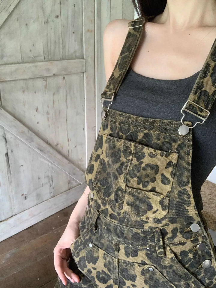 Leopard print denim mini overall pinafore dress