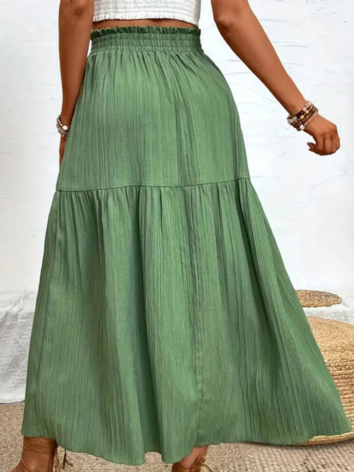 Tiered crinkle midi skirt with smocked waist and front slit