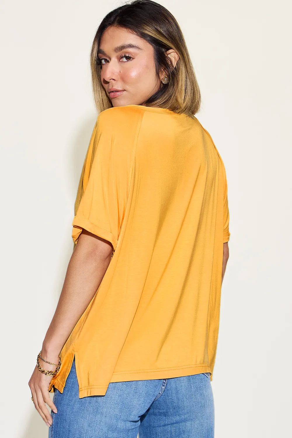 Relaxed bamboo V-neck short sleeve tee with side slits