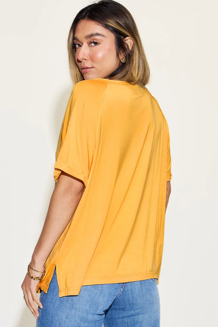 Relaxed bamboo V-neck short sleeve tee with side slits