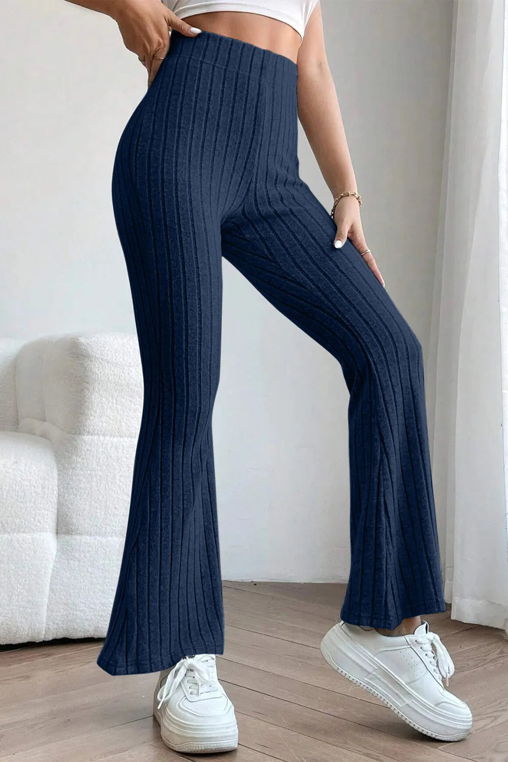 Ribbed knit high-waist flare pants with pull-on waist