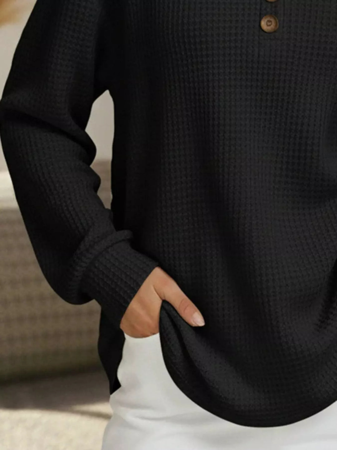 Waffle knit henley top with V-neck button placket