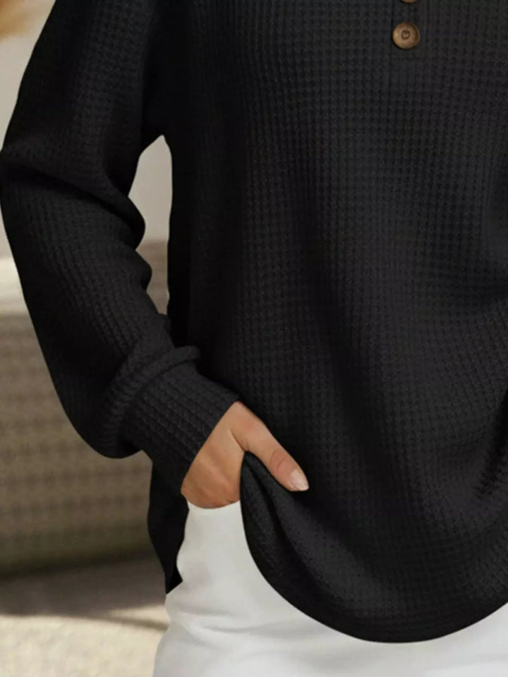 Waffle knit henley top with V-neck button placket