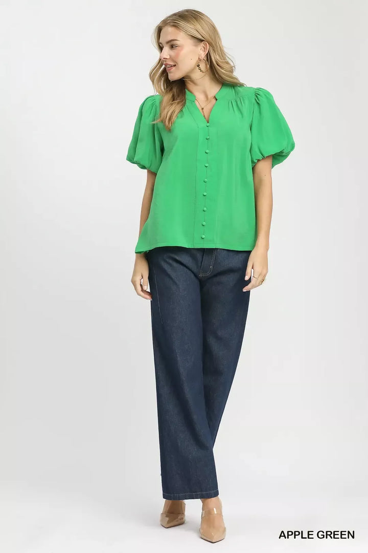 Puff sleeve button-front blouse with notched neckline
