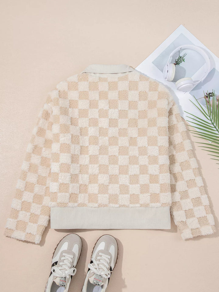 Checkered sherpa zip-up jacket with corduroy collar and trim