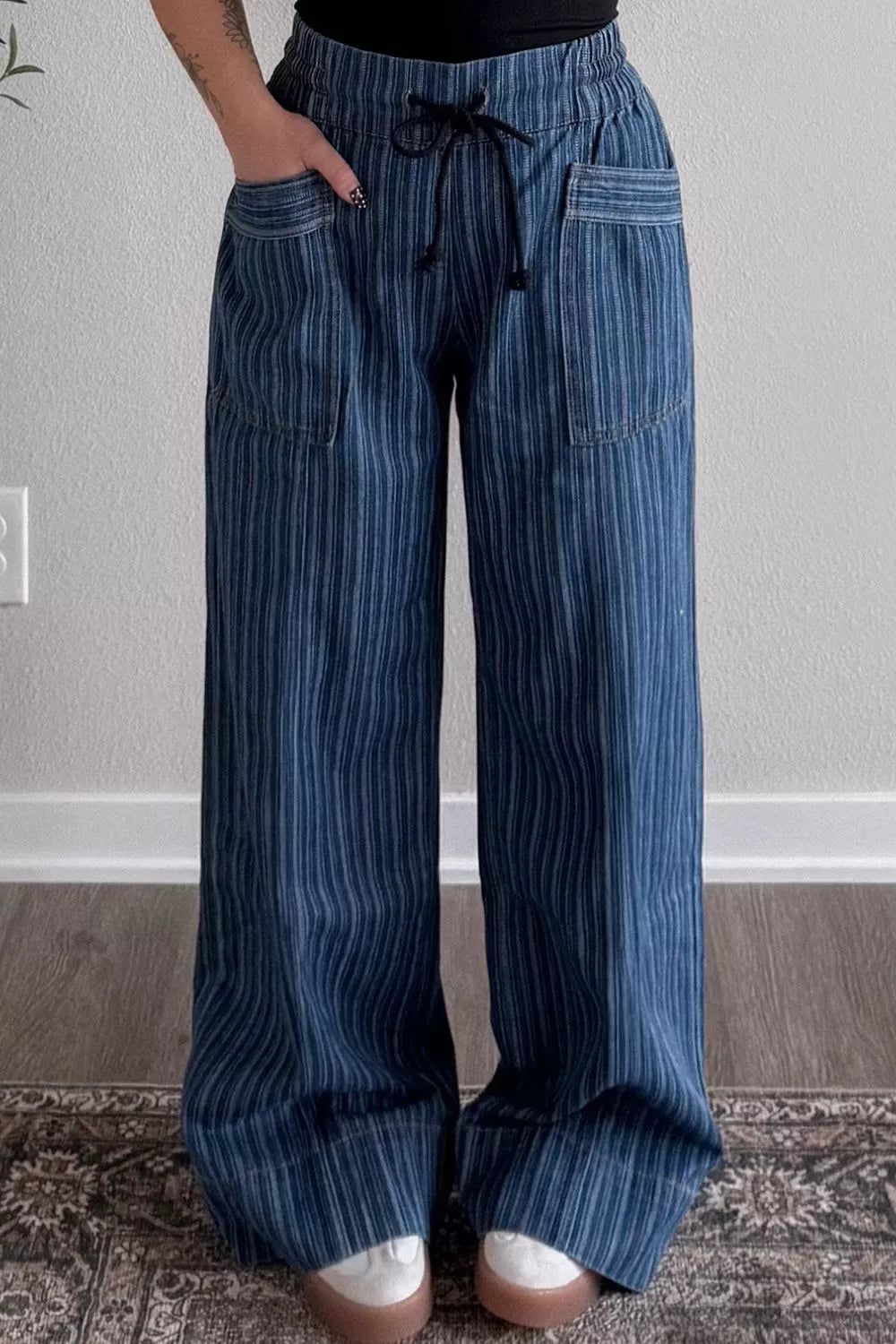 Dark Pinstripe wide-leg drawstring denim with cuffed hem
