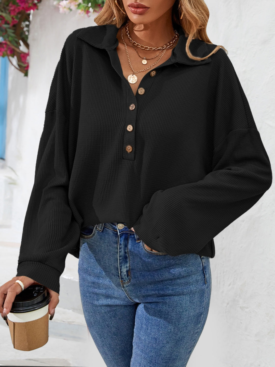 Waffle knit half-button collared long sleeve top