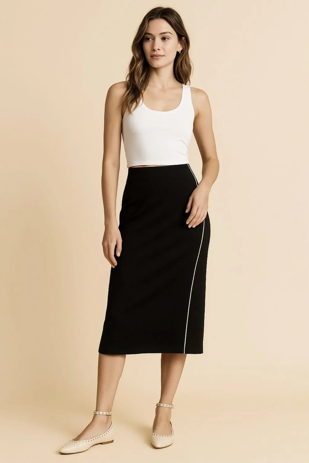 Black High-rise midi pencil skirt with contrast piping