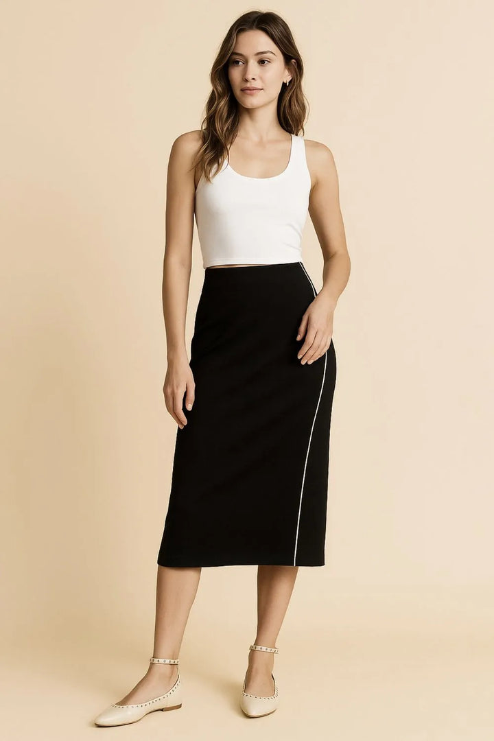 Black High-rise midi pencil skirt with contrast piping