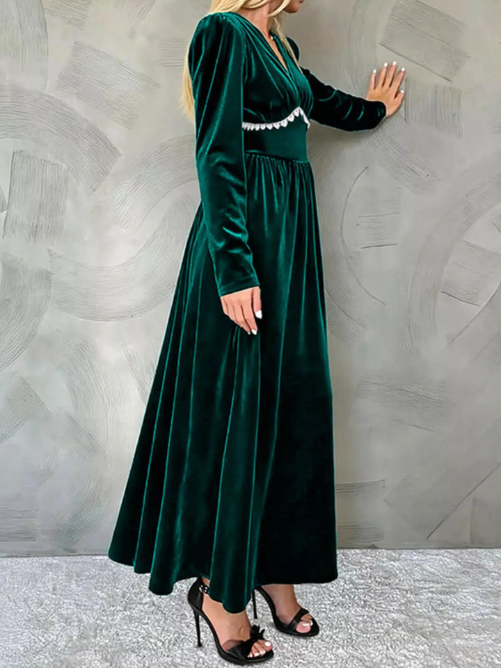 Velvet long sleeve maxi dress with pearl trim V-neck