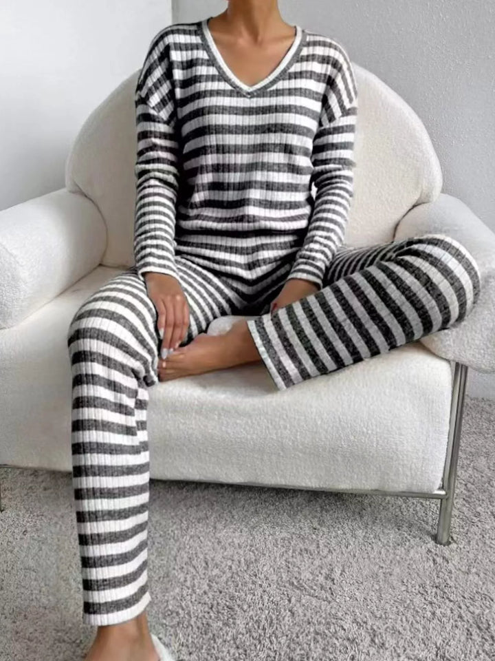 Striped ribbed knit V-neck top and wide leg pants set