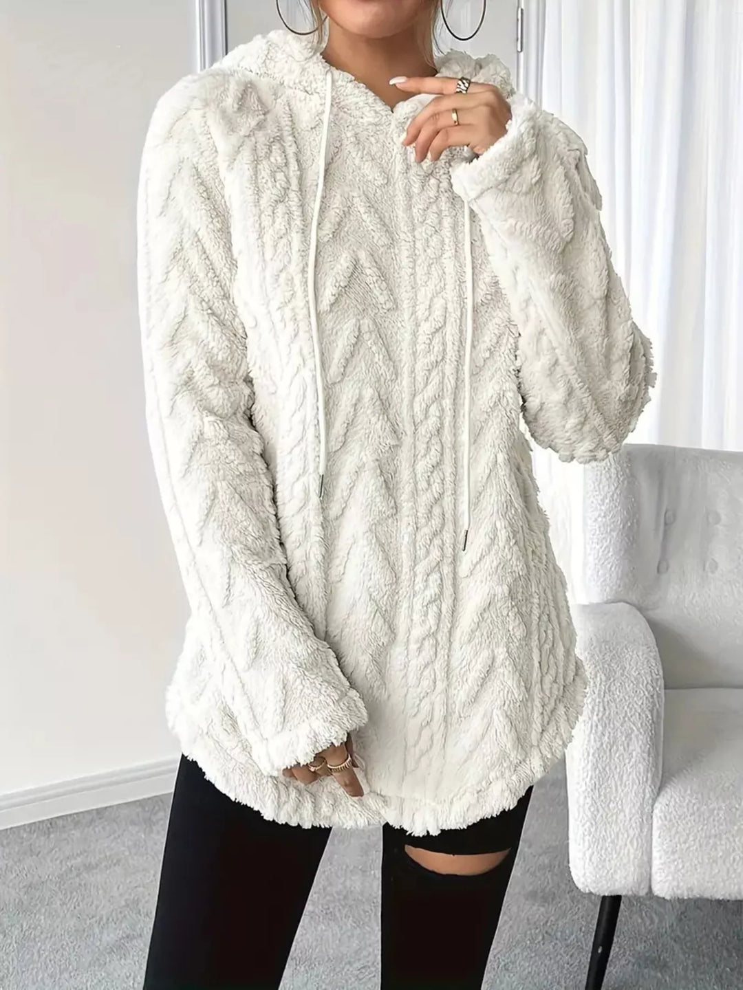 Textured cable-knit fleece pullover hoodie with drawstring