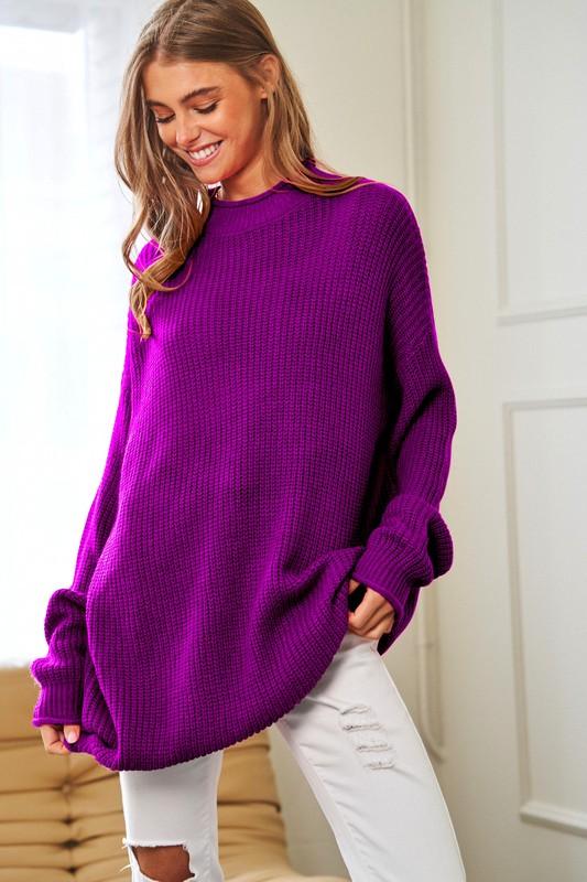 Solid Mock Neck Long Sleeve Knit Sweater - Azoroh