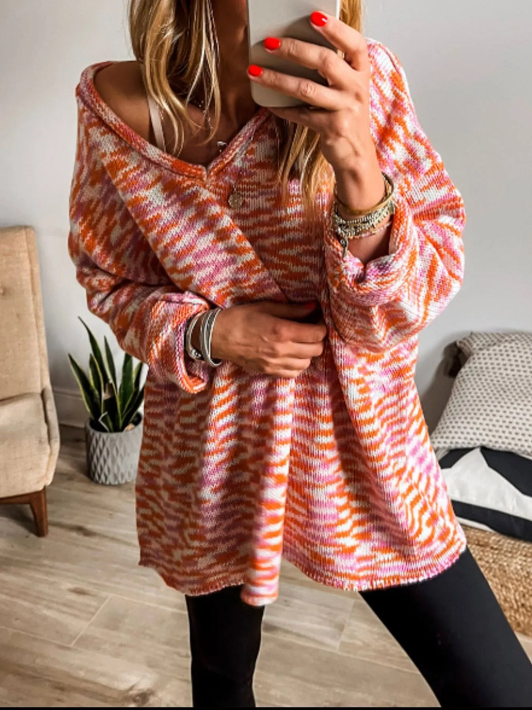 Space-dye marled V-neck knit pullover sweater