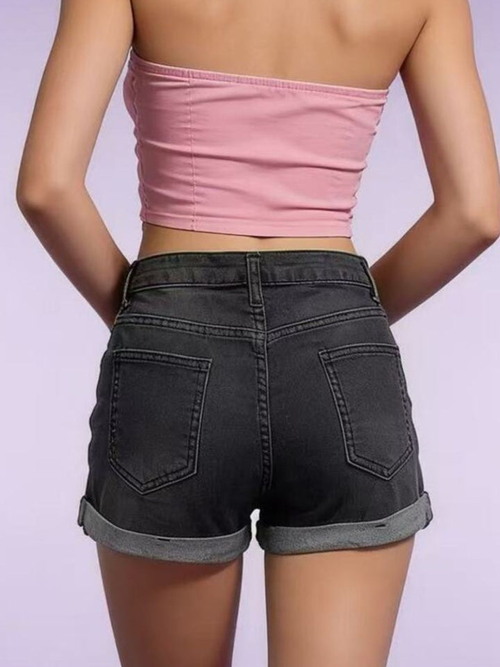 Distressed roll-up denim shorts with cuffed hem