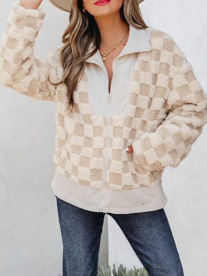 Checkered sherpa zip-up jacket with corduroy collar and trim