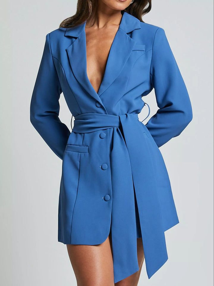 Tie-waist blazer dress with notch lapel and side slit