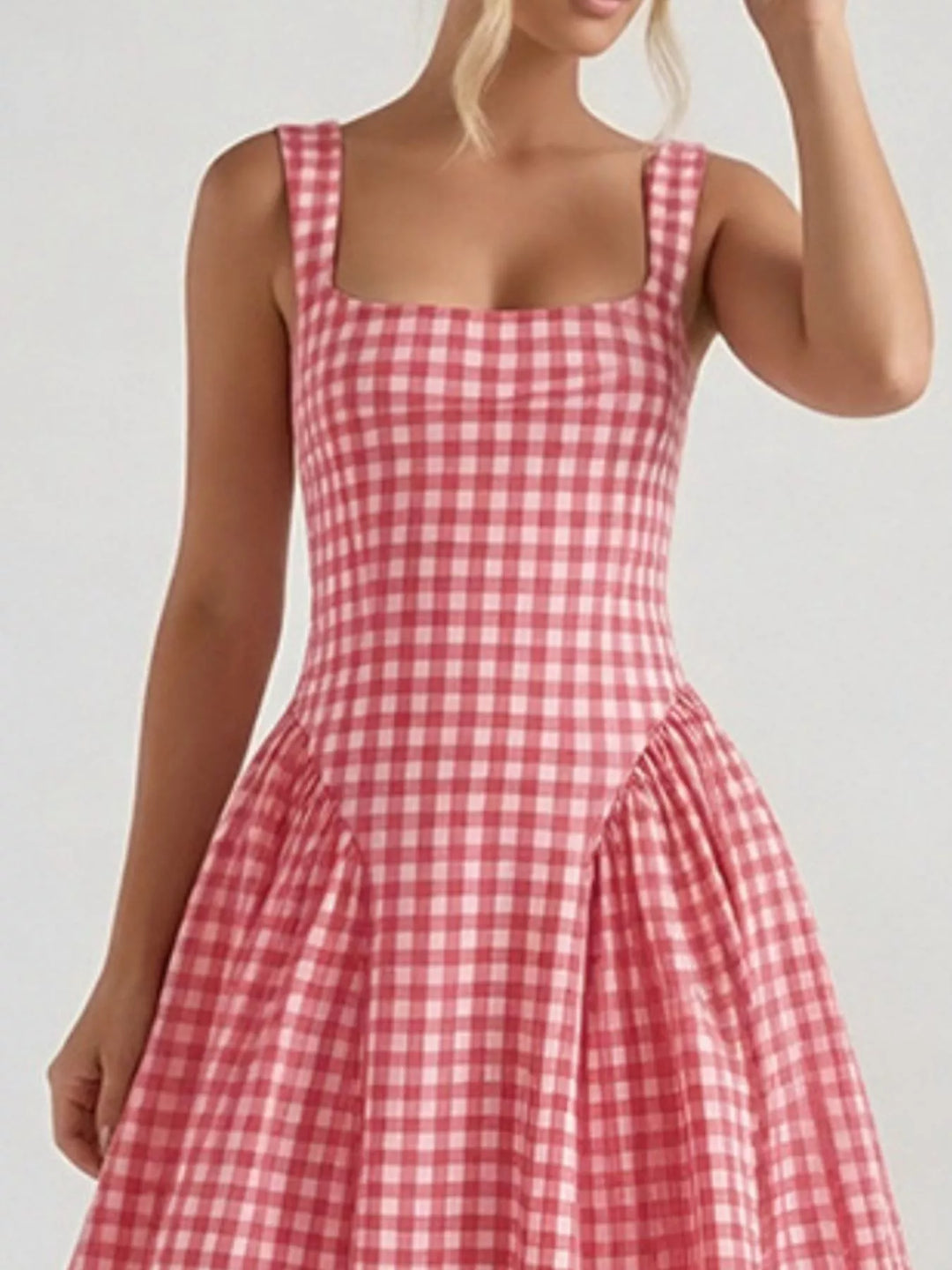 Plaid square-neck sleeveless fit-and-flare midi dress
