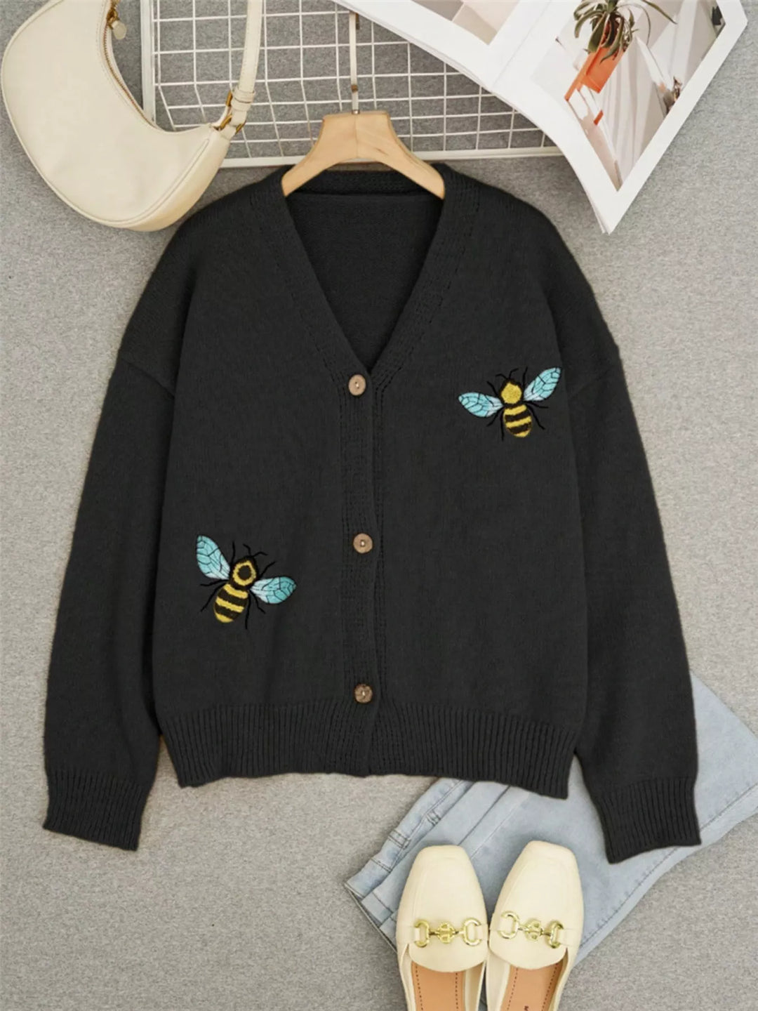 Bee embroidered knit button-down cardigan