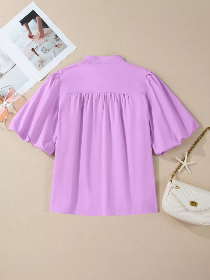 Puff sleeve cotton blouse with notched neckline