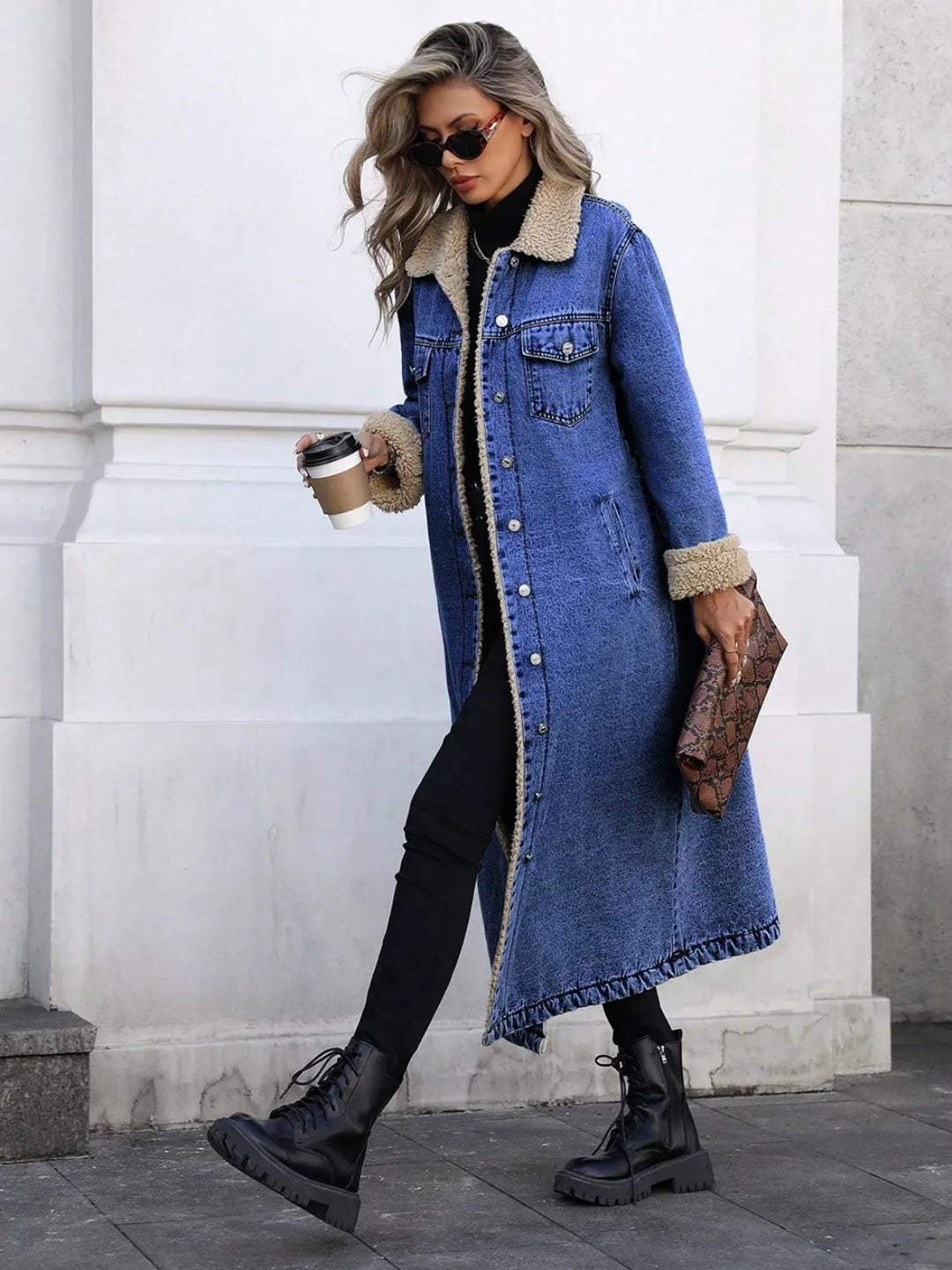 Royal Blue Sherpa-lined longline button-front denim jacket
