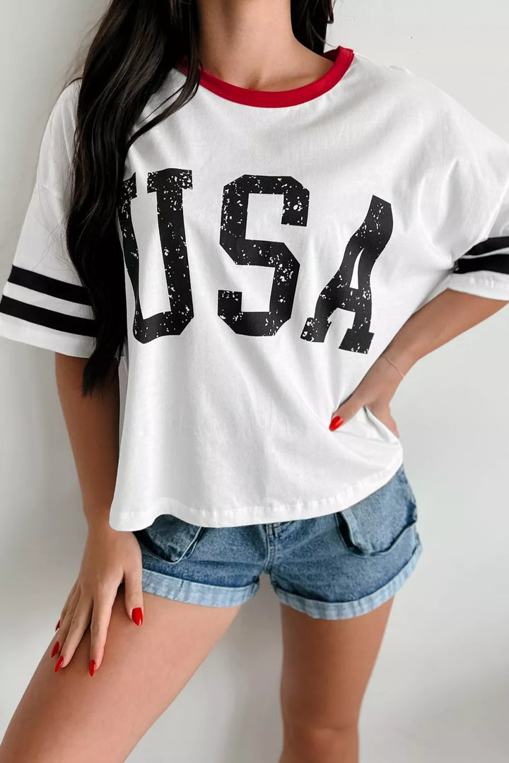 White Distressed USA graphic varsity tee with striped sleeves