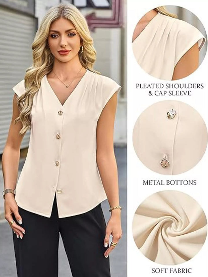 V-neck cap sleeve button-front blouse with pleated shoulders