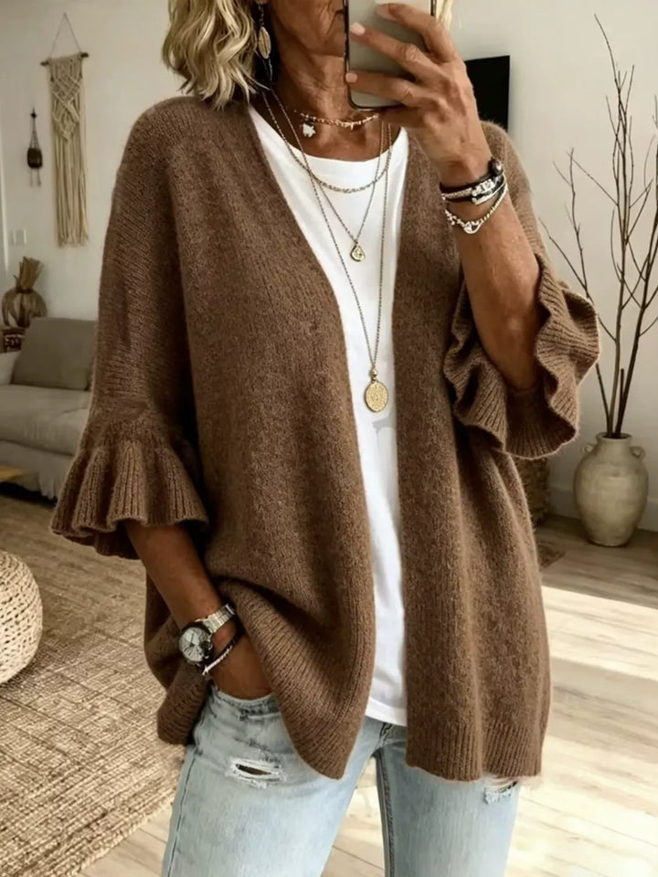 Brown Ruffle bell sleeve open-front knit cardigan
