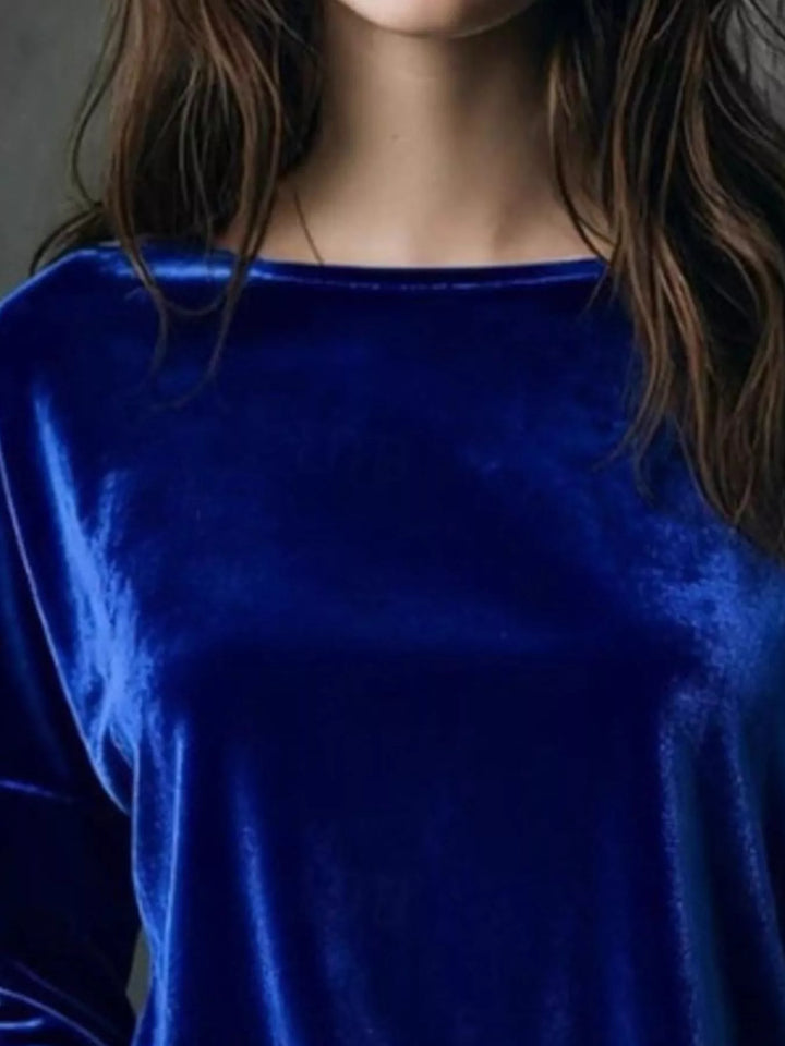 Velvet long sleeve boat neck top with dropped shoulders