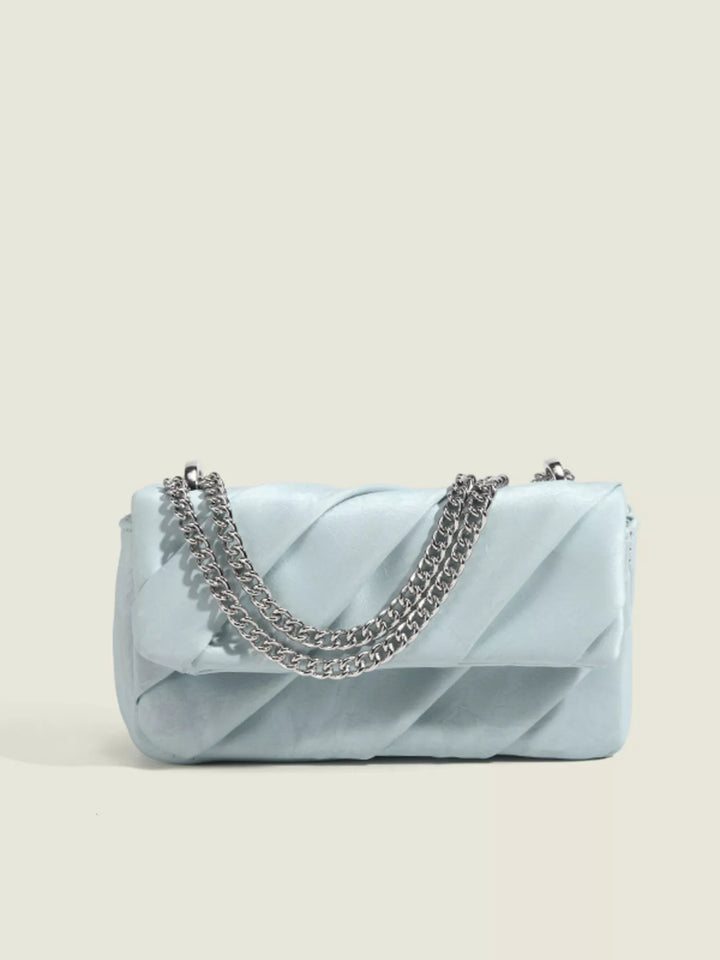 Blue Ruched mini flap crossbody bag with silver chain strap