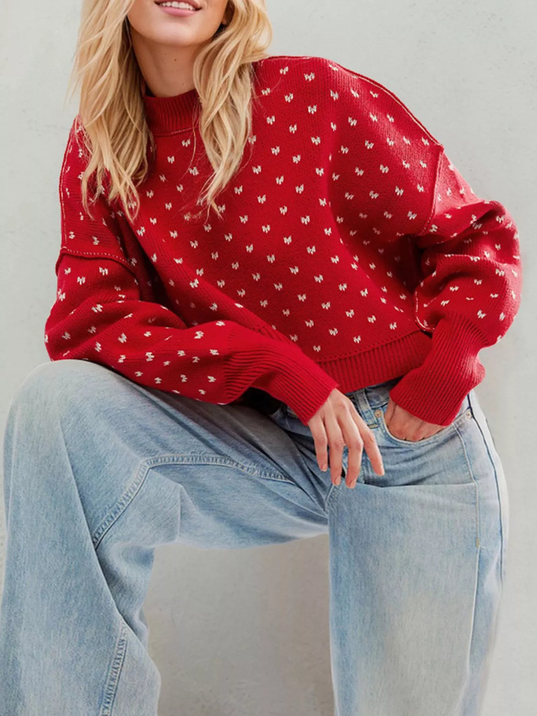 Red Dropped shoulder knit sweater with ribbed trim and side slits