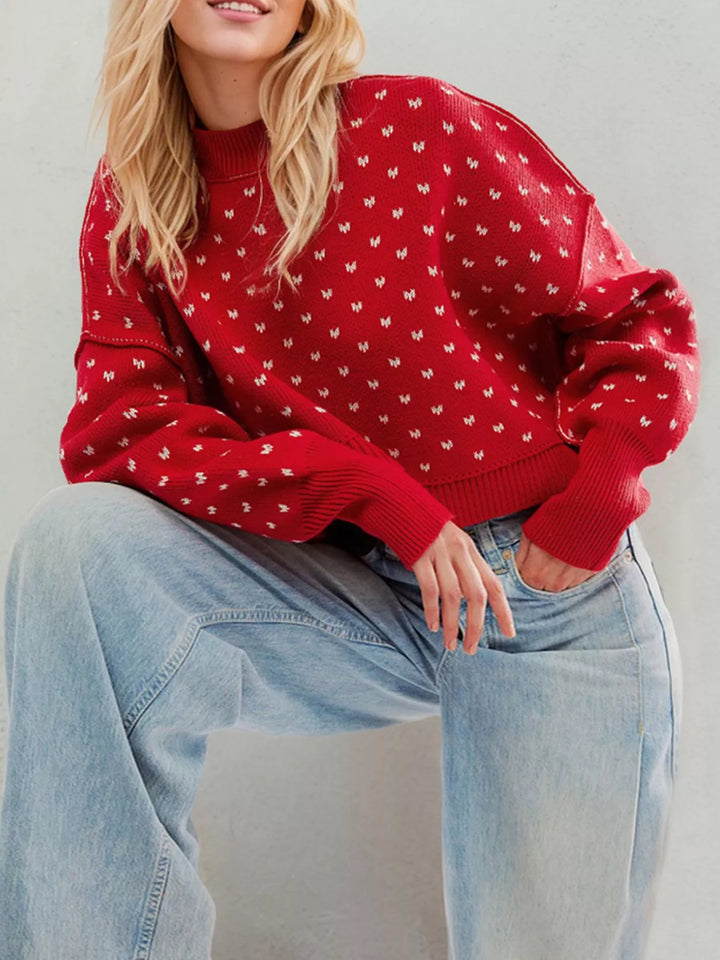 Red Dropped shoulder knit sweater with ribbed trim and side slits