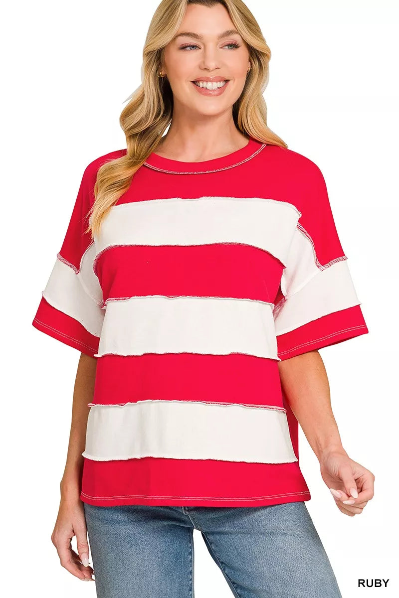 RUBY Striped French terry exposed seam short sleeve top