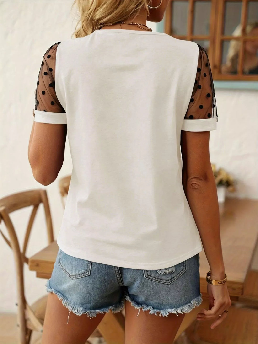 Polka dot mesh sleeve crew neck t-shirt