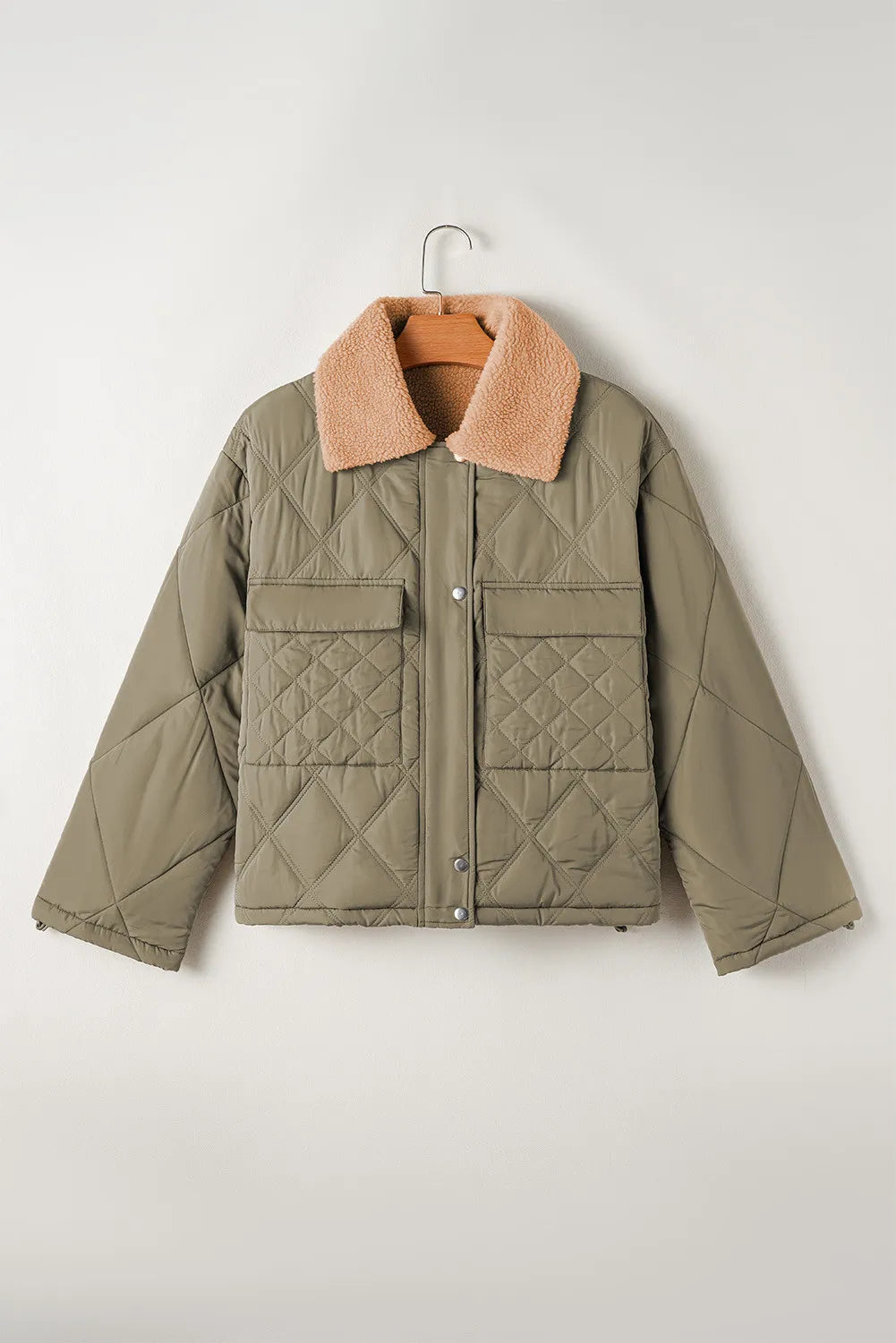 Diamond quilted sherpa collar jacket with drawstring hem