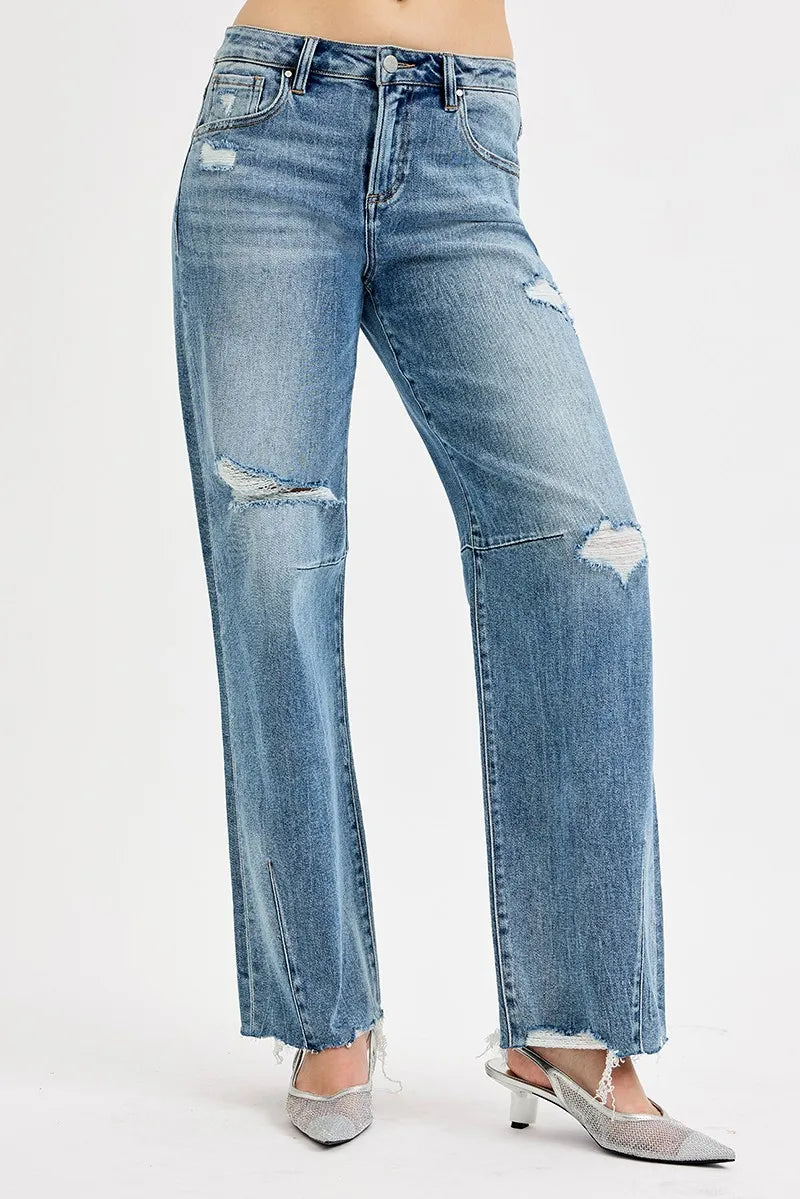 Distressed mid-rise wide-leg baggy jeans with raw hem