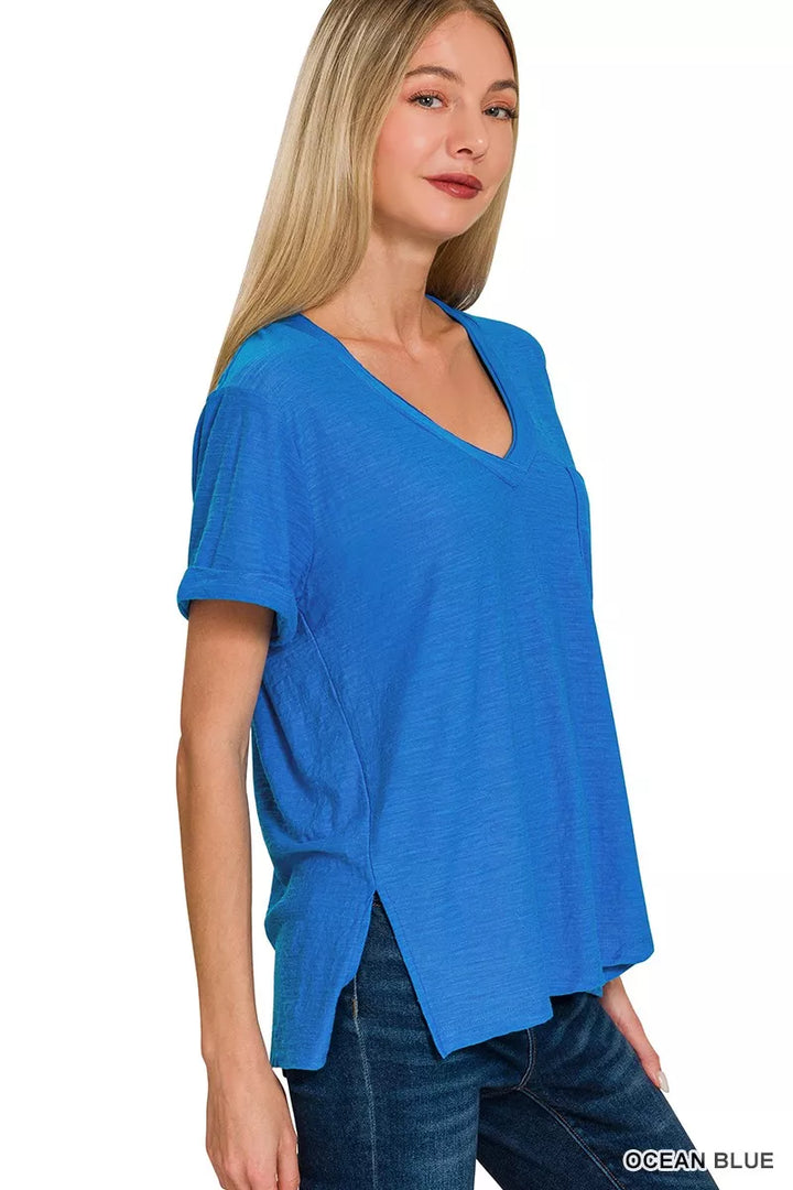 OCEAN BLUE Slub knit rolled short-sleeve V-neck tee with side slits