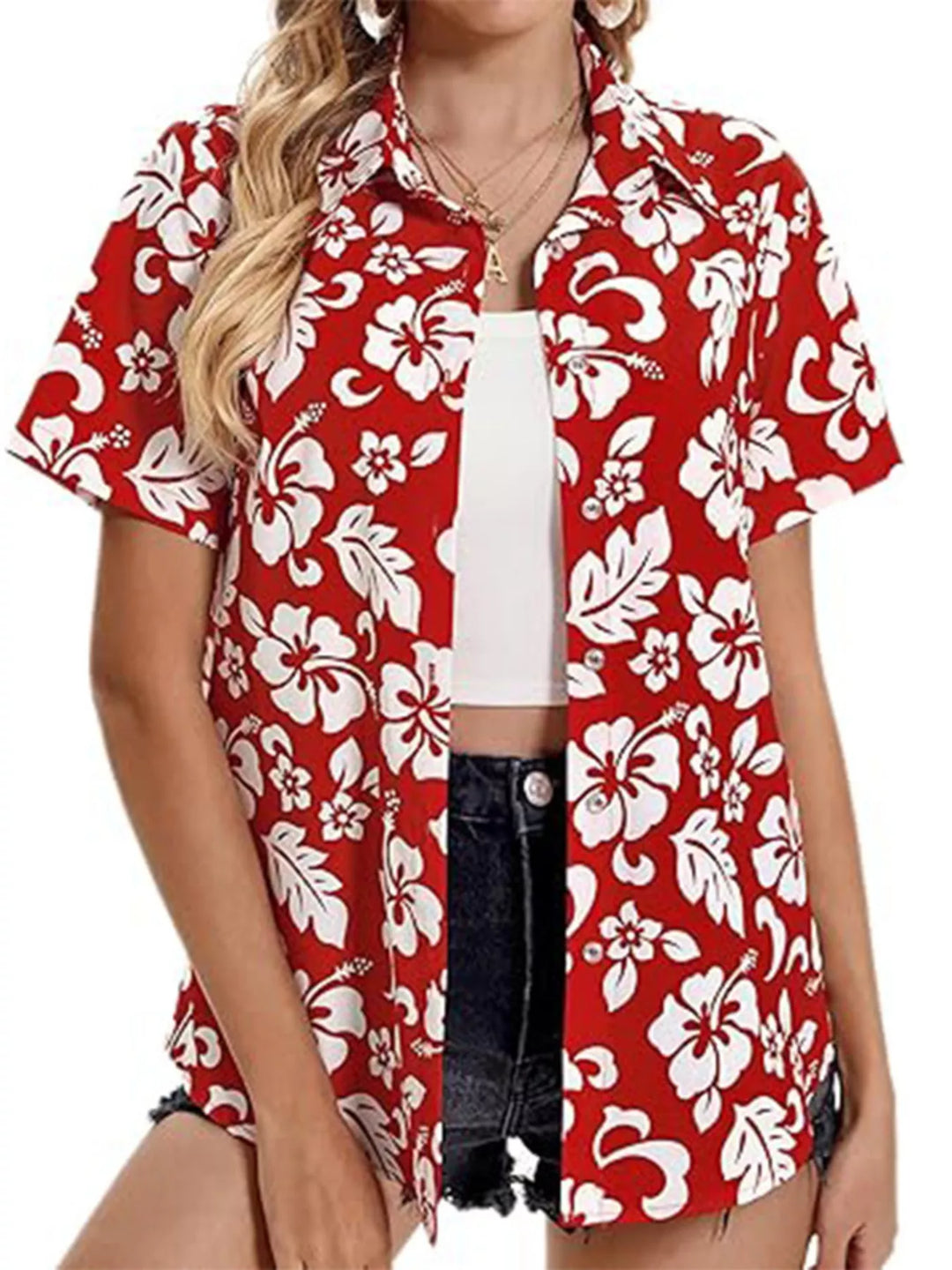 Tropical hibiscus print short sleeve button-up shirt