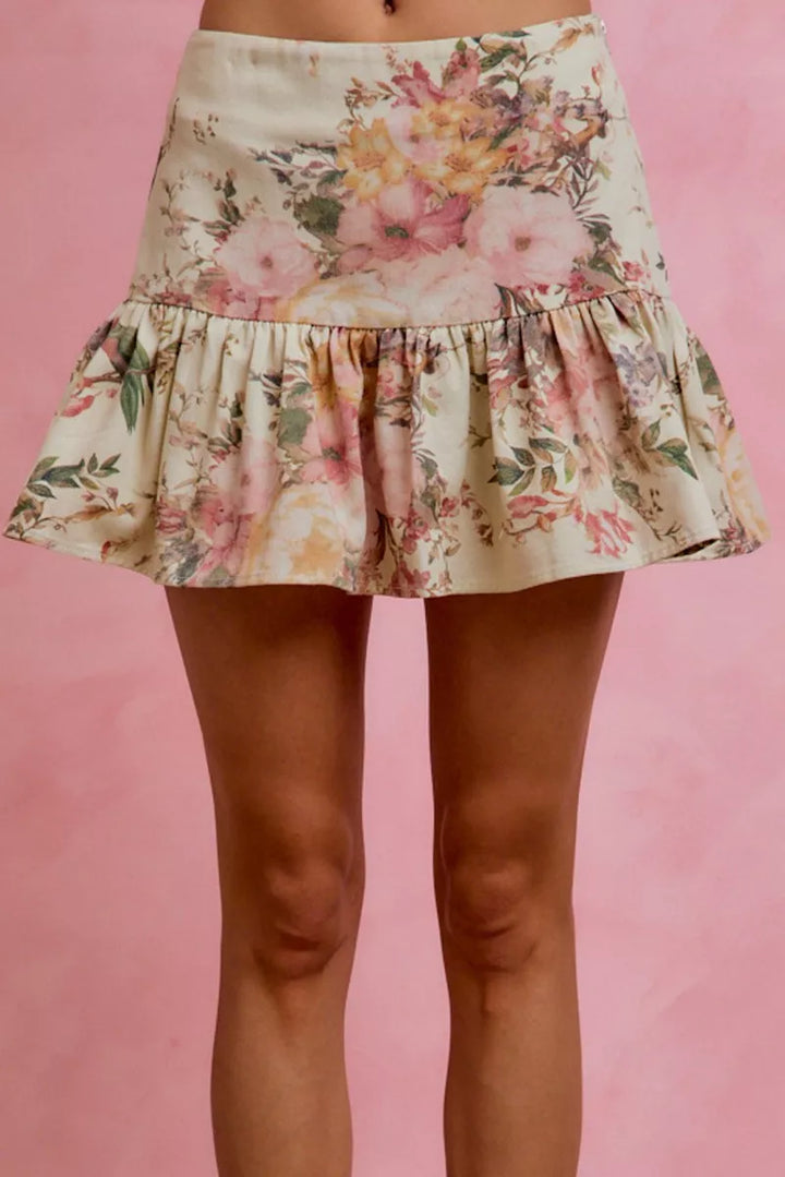 CREAM Floral print fit-and-flare mini skirt with ruffle hem