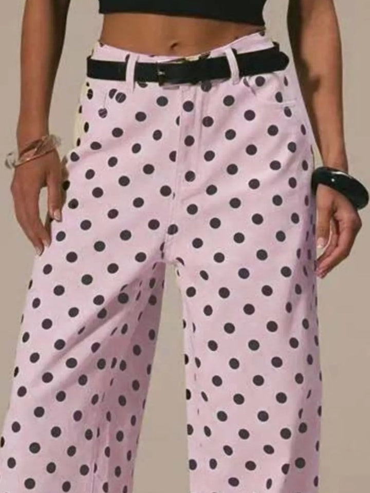 Polka dot high-rise wide-leg jeans with five-pocket styling