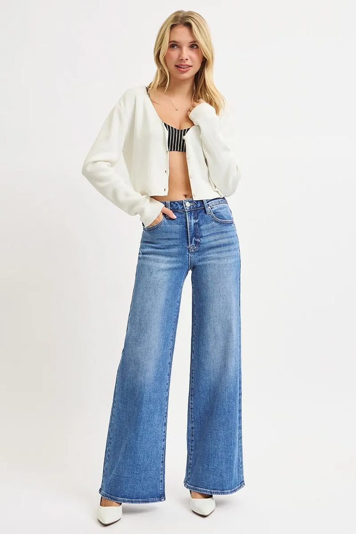 MEDIUM High-rise wide leg jeans with whiskered stretch denim