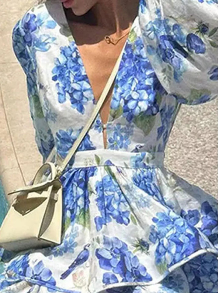 Floral puff sleeve plunge V-neck tiered mini dress